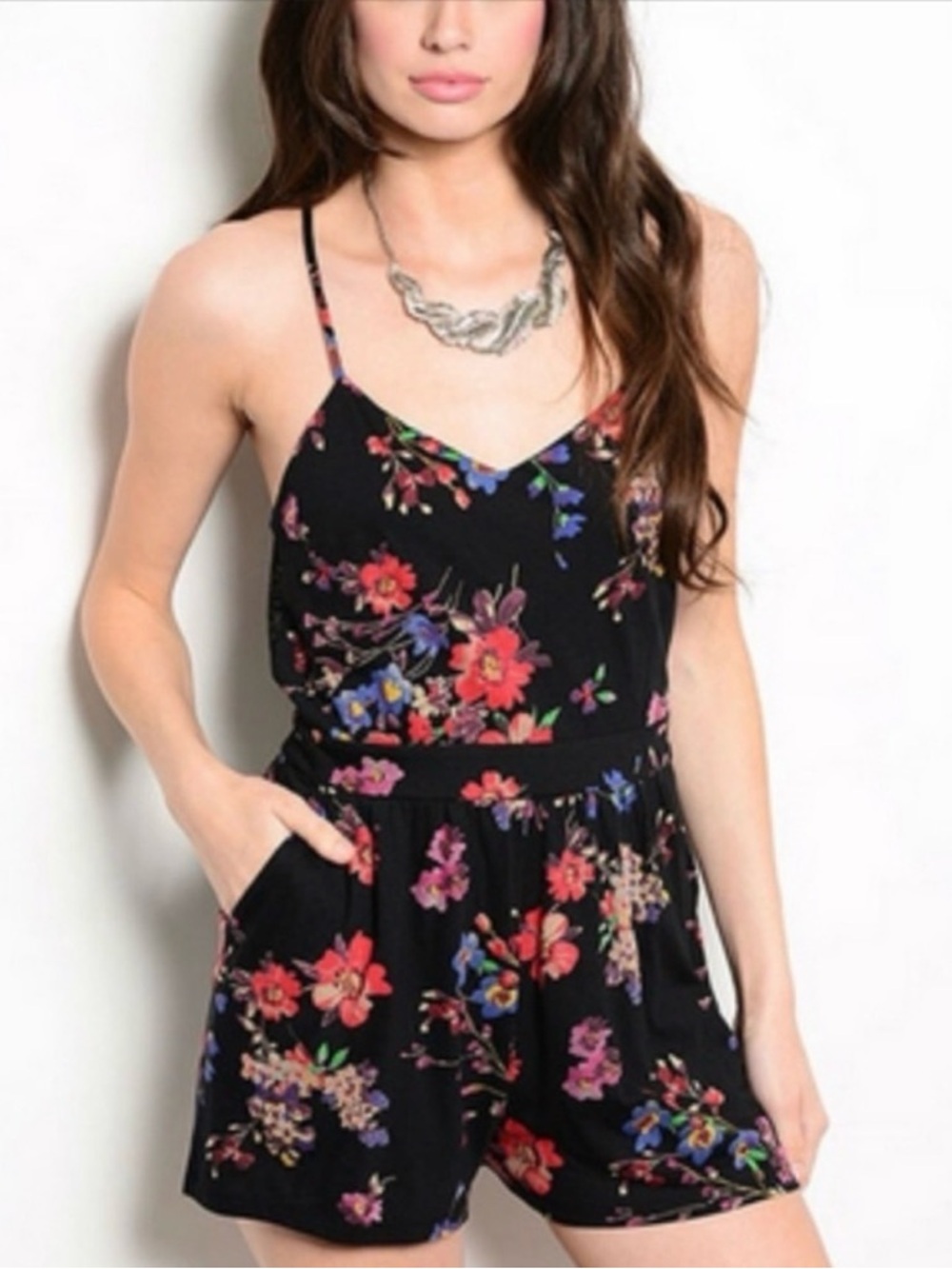 EXPRESS Floral Strappy Cami Romper w/ Pockets | Sz S